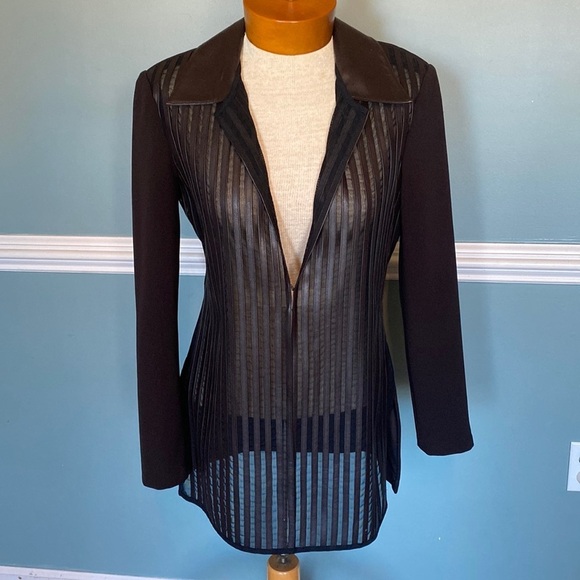 VTG 90’s Y2K Cache brown leather and mesh striped clasp front longline blazer 6 - Picture 1 of 9
